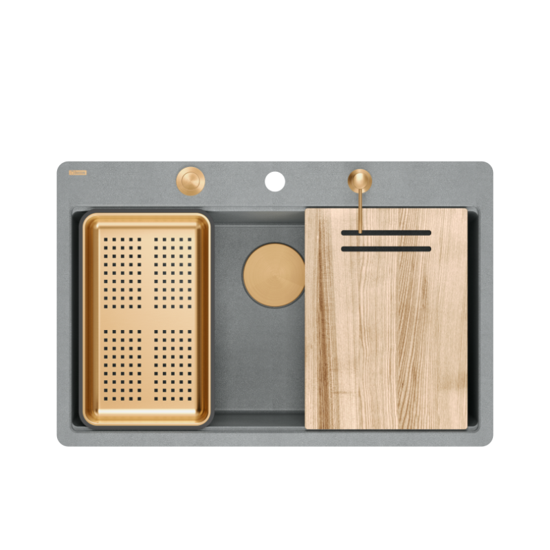 Zlewozmywak granitowy MARC 110 FM WORKSTATION – jednokomorowy, na równi z blatem, silver stone/elementy miedziane + AKCESORIA, Quadron