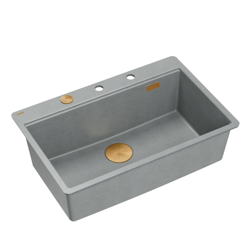 Zlewozmywak granitowy MARC 110 FM WORKSTATION – jednokomorowy, na równi z blatem, silver stone/elementy miedziane + AKCESORIA, Quadron