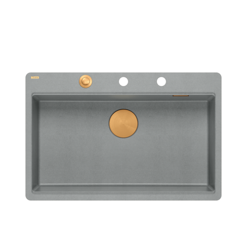 Zlewozmywak granitowy MARC 110 FM WORKSTATION – jednokomorowy, na równi z blatem, silver stone/elementy miedziane + AKCESORIA, Quadron