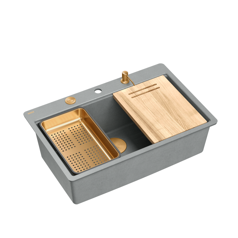 Zlewozmywak granitowy MARC 110 FM WORKSTATION – jednokomorowy, na równi z blatem, silver stone/elementy miedziane + AKCESORIA, Quadron