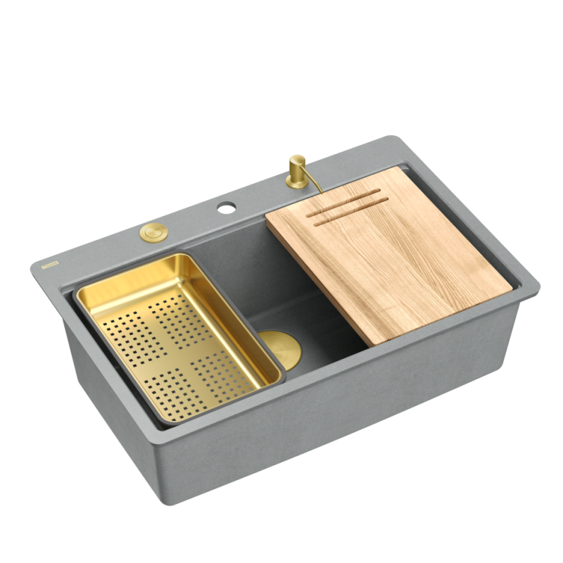Zlewozmywak granitowy MARC 110 FM WORKSTATION – jednokomorowy, na równi z blatem, silver stone/elementy złote + AKCESORIA, Quadron