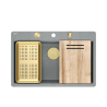 Zlewozmywak granitowy MARC 110 FM WORKSTATION – jednokomorowy, na równi z blatem, silver stone/elementy złote + AKCESORIA, Quadron