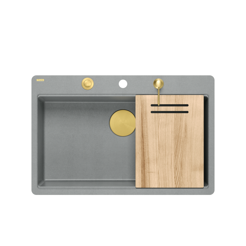 Zlewozmywak granitowy MARC 110 FM WORKSTATION – jednokomorowy, na równi z blatem, silver stone/elementy złote + AKCESORIA, Quadron