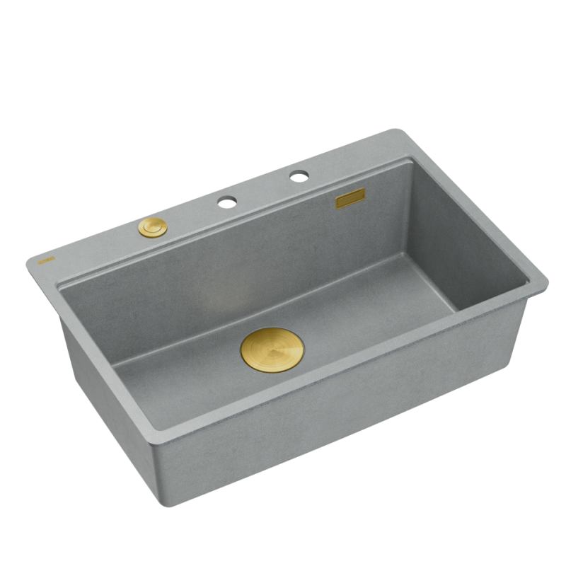 Zlewozmywak granitowy MARC 110 FM WORKSTATION – jednokomorowy, na równi z blatem, silver stone/elementy złote + AKCESORIA, Quadron