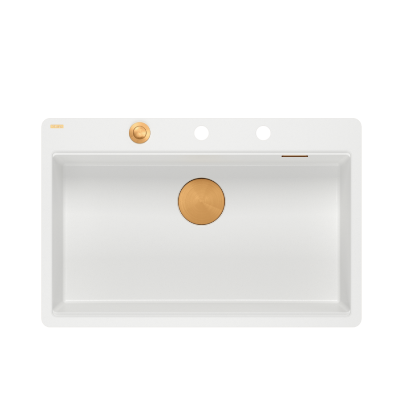 Zlewozmywak granitowy MARC 110 FM WORKSTATION – jednokomorowy, na równi z blatem, snow white/elementy miedziane + AKCESORIA, Quadron