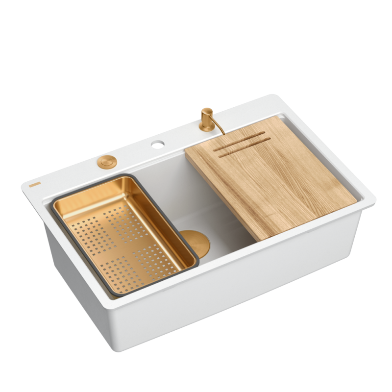 Zlewozmywak granitowy MARC 110 FM WORKSTATION – jednokomorowy, na równi z blatem, snow white/elementy miedziane + AKCESORIA, Quadron