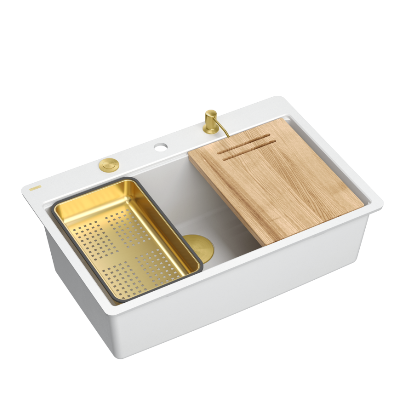 Zlewozmywak granitowy MARC 110 FM WORKSTATION – jednokomorowy, na równi z blatem, snow white/elementy złote + AKCESORIA, Quadron