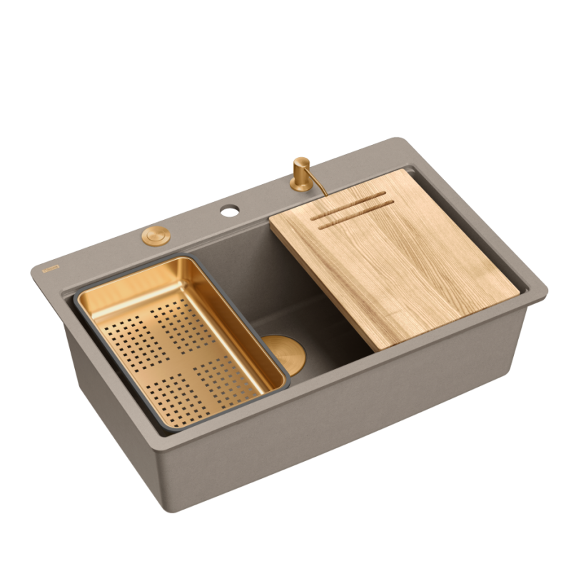 Zlewozmywak granitowy MARC 110 FM WORKSTATION – jednokomorowy, na równi z blatem, soft taupe/elementy miedziane + AKCESORIA, Quadron