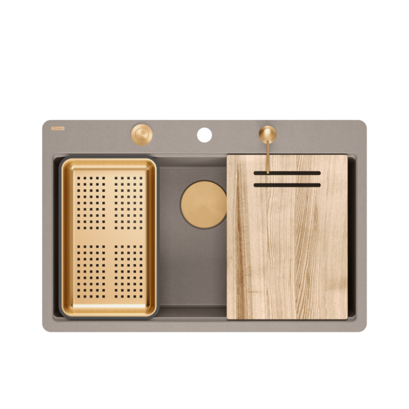 Zlewozmywak granitowy MARC 110 FM WORKSTATION – jednokomorowy, na równi z blatem, soft taupe/elementy miedziane + AKCESORIA, Quadron