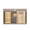 Zlewozmywak granitowy MARC 110 FM WORKSTATION – jednokomorowy, na równi z blatem, soft taupe/elementy miedziane + AKCESORIA, Quadron