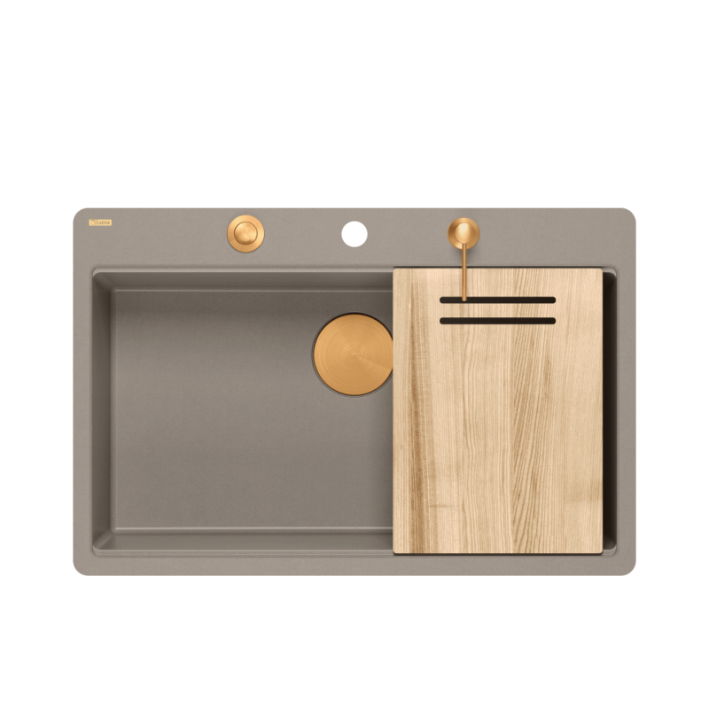 Zlewozmywak granitowy MARC 110 FM WORKSTATION – jednokomorowy, na równi z blatem, soft taupe/elementy miedziane + AKCESORIA, Quadron