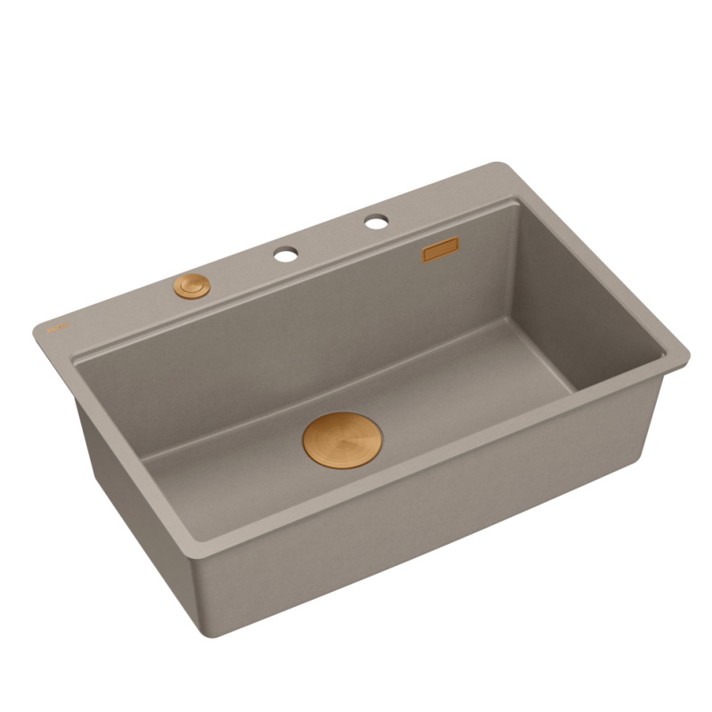 Zlewozmywak granitowy MARC 110 FM WORKSTATION – jednokomorowy, na równi z blatem, soft taupe/elementy miedziane + AKCESORIA, Quadron