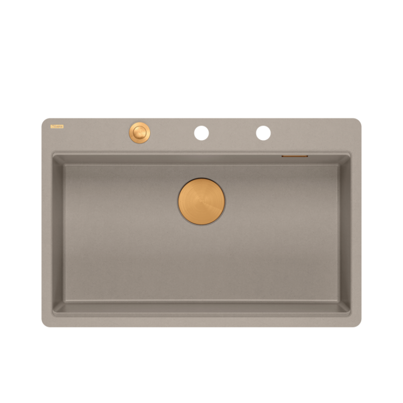 Zlewozmywak granitowy MARC 110 FM WORKSTATION – jednokomorowy, na równi z blatem, soft taupe/elementy miedziane + AKCESORIA, Quadron
