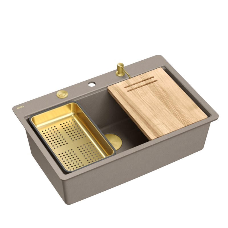 Zlewozmywak granitowy MARC 110 FM WORKSTATION – jednokomorowy, na równi z blatem, soft taupe/elementy złote + AKCESORIA, Quadron