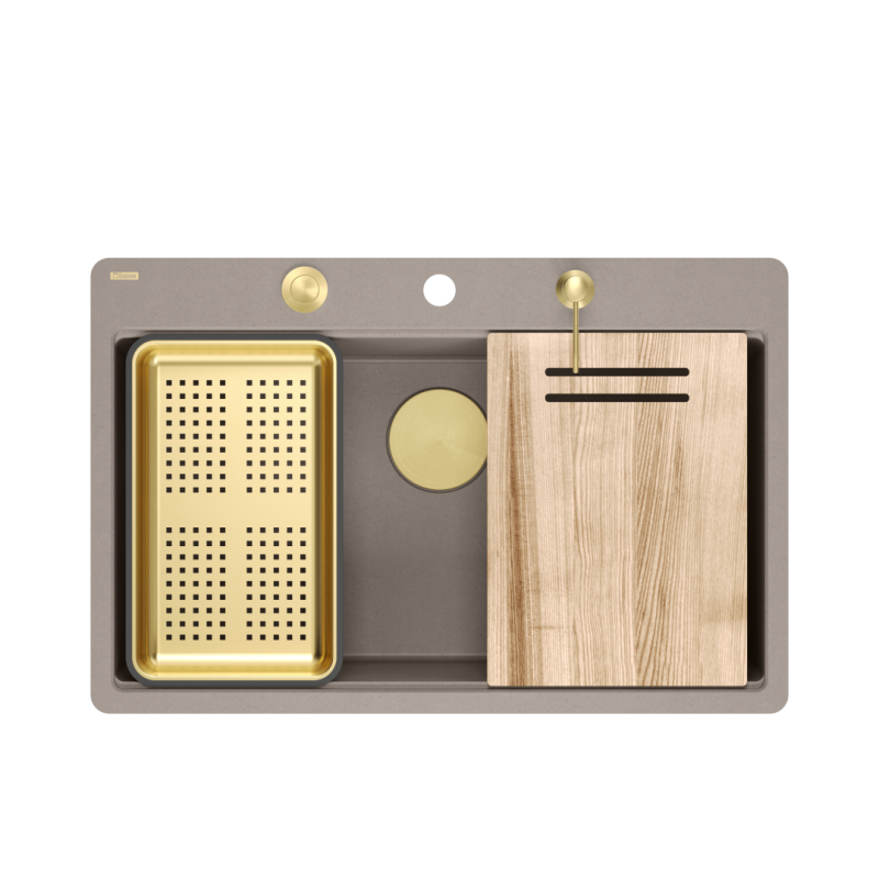 Zlewozmywak granitowy MARC 110 FM WORKSTATION – jednokomorowy, na równi z blatem, soft taupe/elementy złote + AKCESORIA, Quadron
