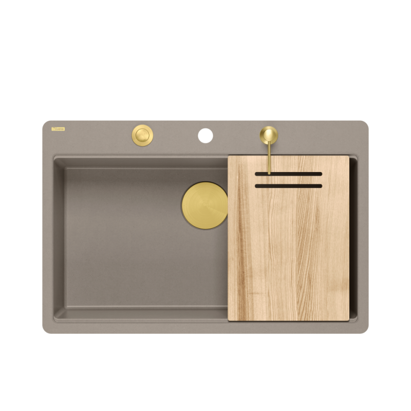 Zlewozmywak granitowy MARC 110 FM WORKSTATION – jednokomorowy, na równi z blatem, soft taupe/elementy złote + AKCESORIA, Quadron