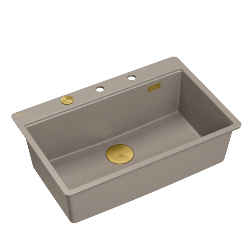 Zlewozmywak granitowy MARC 110 FM WORKSTATION – jednokomorowy, na równi z blatem, soft taupe/elementy złote + AKCESORIA, Quadron