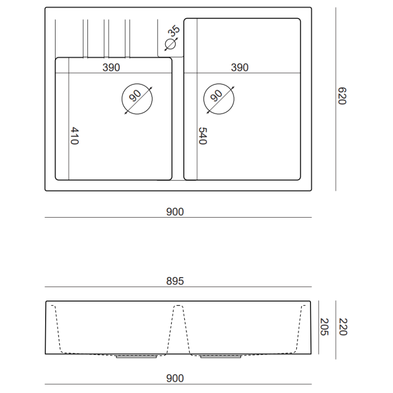 Zlewozmywak granitowy BILL 120 – dwukomorowy, nakładany, snow white/elementy miedziane, Quadron