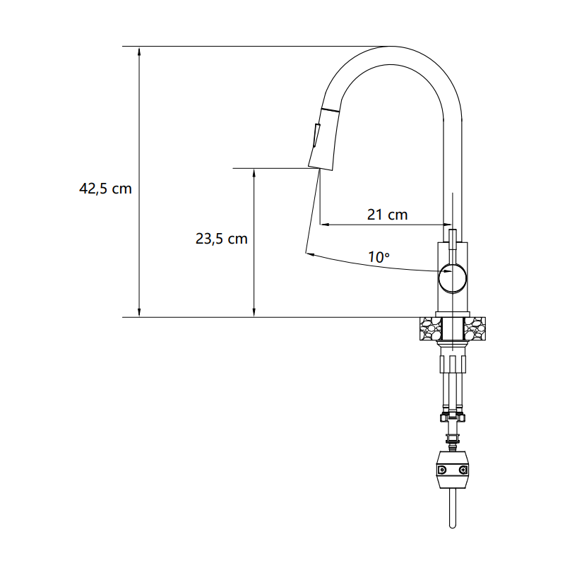 Bateria kuchenna JULIA – stalowa, chromowana, obrotowa, wyciągana wylewka, z prysznicem, Quadron