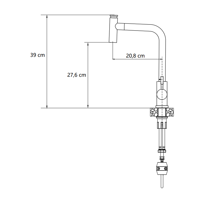 Bateria kuchenna MERYL – stalowa, stal szlachetna, obrotowa, wyciągana wylewka, z prysznicem, Quadron