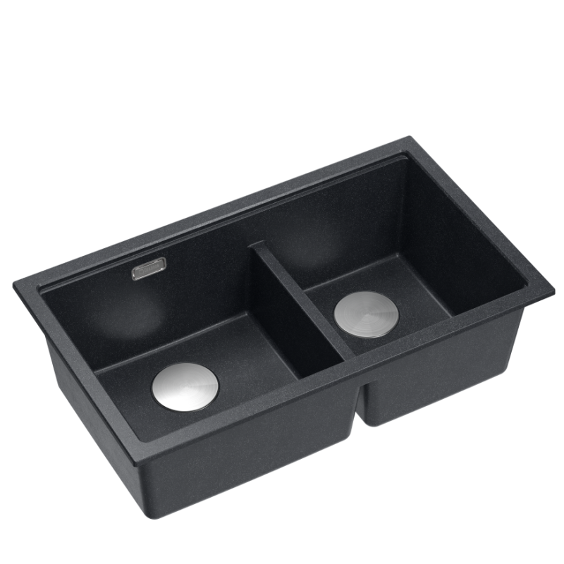 Zlewozmywak granitowy LOGAN 120 – dwukomorowy, podwieszany, black diamond/elementy stalowe, Quadron