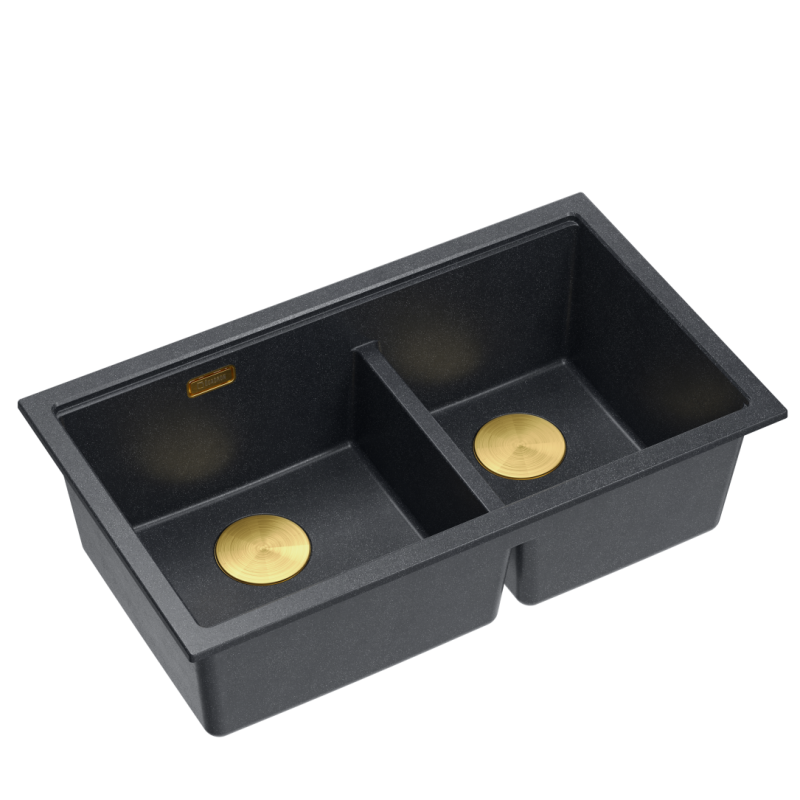 Zlewozmywak granitowy LOGAN 120 – dwukomorowy, podwieszany, black diamond/elementy złote, Quadron