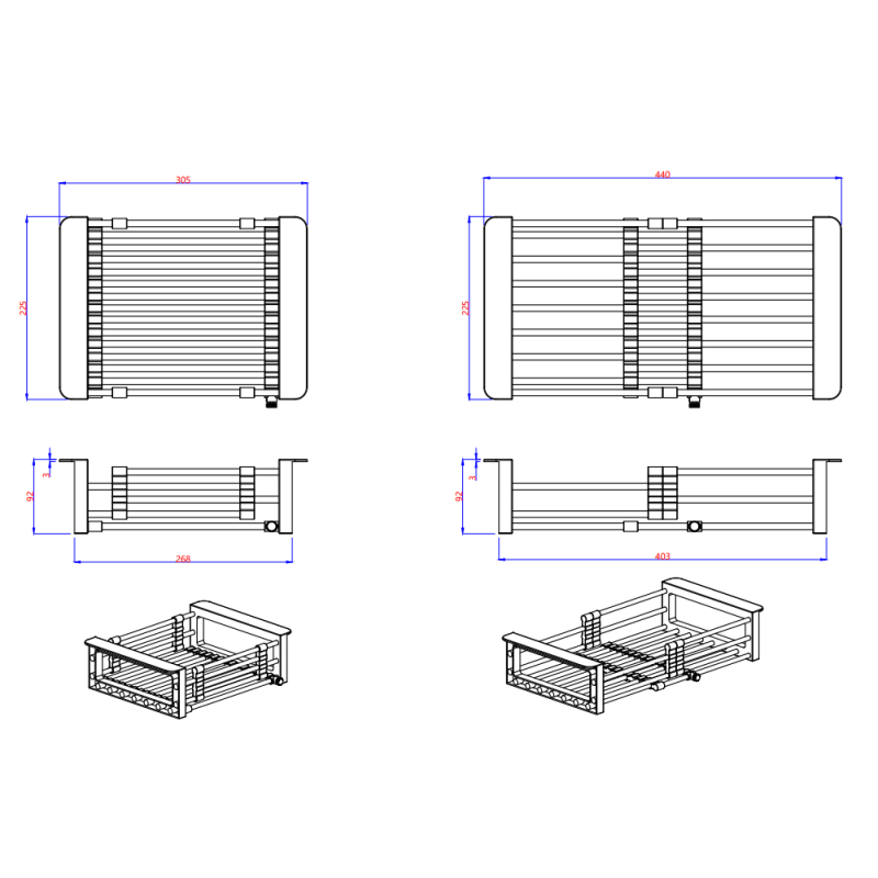 Koszyk do zlewozmywaka regulowany – stalowy, uchwyty szare (regulowana szerokość 300-440 x 215 mm)