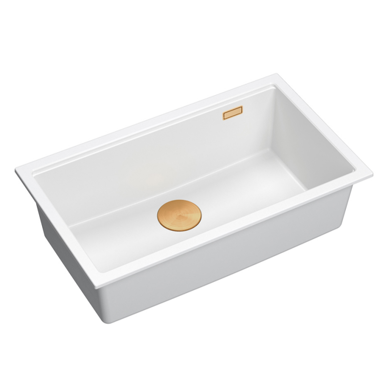 Zlewozmywak granitowy LOGAN 110 – jednokomorowy, wpuszczany, snow white/elementy miedziane, Quadron