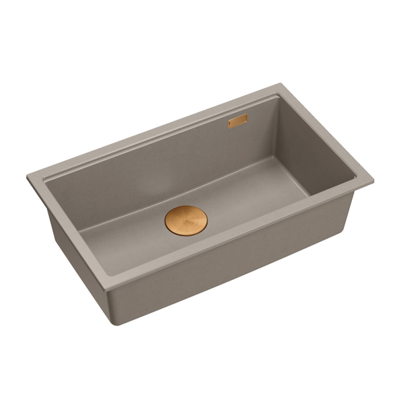 Zlewozmywak granitowy LOGAN 110 – jednokomorowy, wpuszczany, soft taupe/elementy miedziane, Quadron
