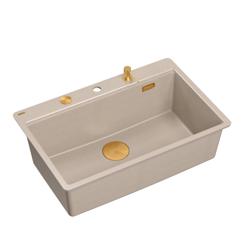 Zlewozmywak granitowy MARC 110 FM WORKSTATION – jednokomorowy, pearl beige/elementy miedziane + AKCESORIA, Quadron