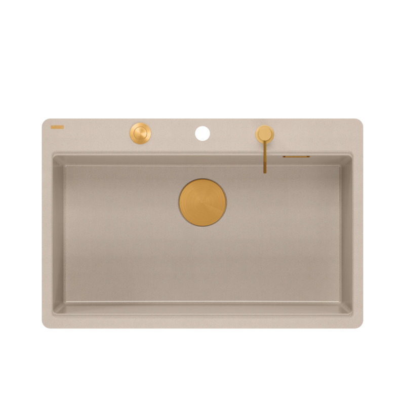Zlewozmywak granitowy MARC 110 FM WORKSTATION – jednokomorowy, pearl beige/elementy miedziane + AKCESORIA, Quadron