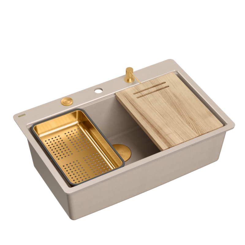 Zlewozmywak granitowy MARC 110 FM WORKSTATION – jednokomorowy, pearl beige/elementy miedziane + AKCESORIA, Quadron