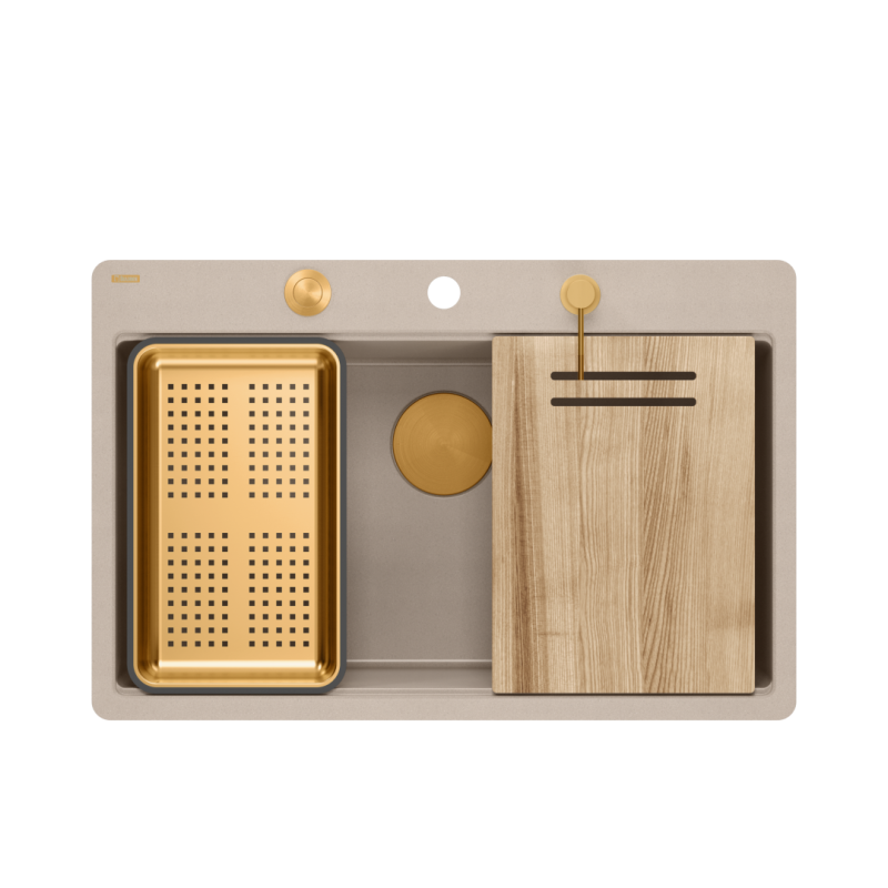 Zlewozmywak granitowy MARC 110 FM WORKSTATION – jednokomorowy, pearl beige/elementy miedziane + AKCESORIA, Quadron