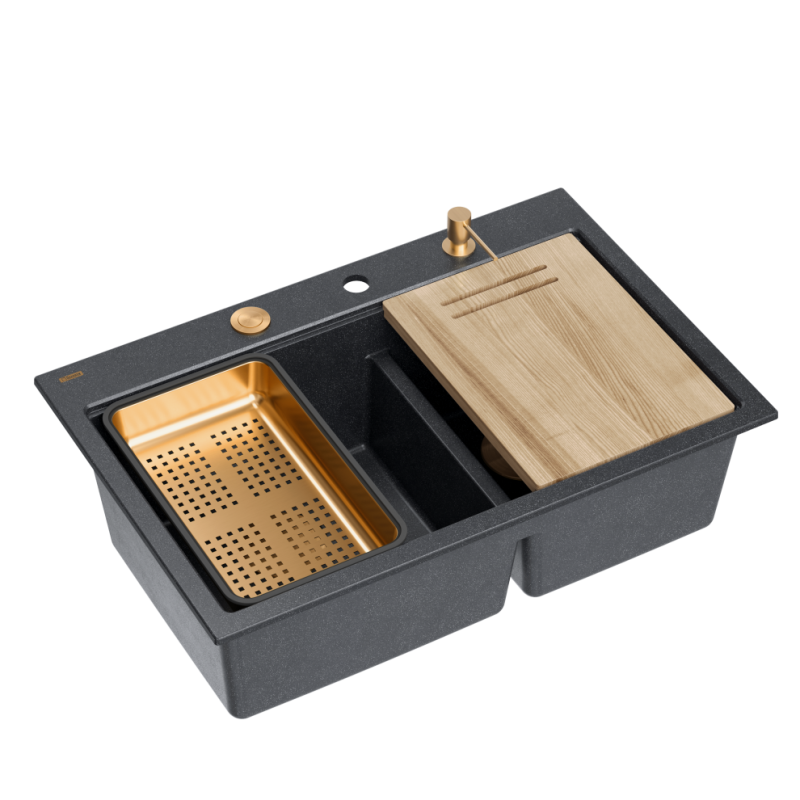 Zlewozmywak granitowy MARC 120 WORKSTATION – dwukomorowy, wpuszczany, black diamond/elementy miedziane + AKCESORIA, Quadron