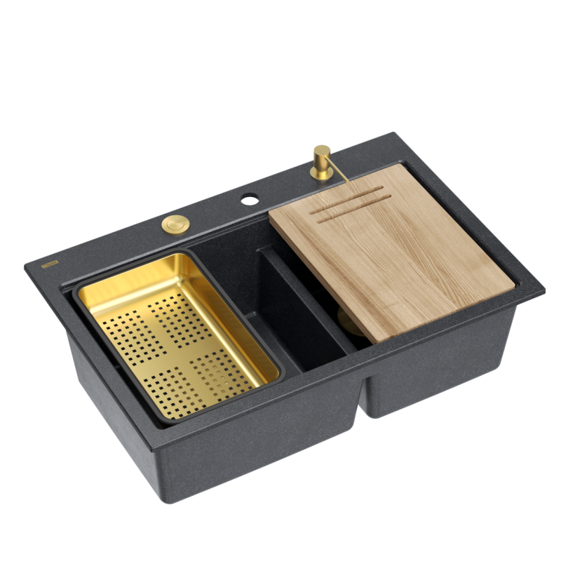 Zlewozmywak granitowy MARC 120 WORKSTATION – dwukomorowy, wpuszczany, black diamond/elementy złote + AKCESORIA, Quadron