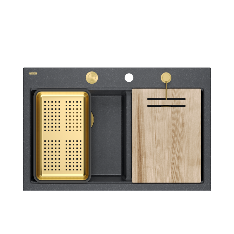Zlewozmywak granitowy MARC 120 WORKSTATION – dwukomorowy, wpuszczany, black diamond/elementy złote + AKCESORIA, Quadron
