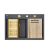 Zlewozmywak granitowy MARC 120 WORKSTATION – dwukomorowy, wpuszczany, black diamond/elementy złote + AKCESORIA, Quadron