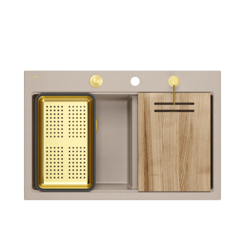 Zlewozmywak granitowy MARC 120 WORKSTATION – dwukomorowy, wpuszczany, pearl beige/elementy złote + AKCESORIA, Quadron