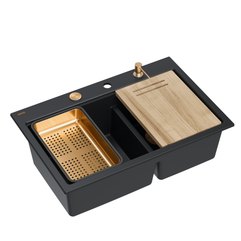 Zlewozmywak granitowy MARC 120 WORKSTATION – dwukomorowy, wpuszczany, pure carbon/elementy miedziane + AKCESORIA, Quadron