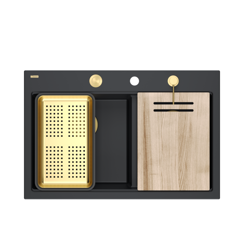 Zlewozmywak granitowy MARC 120 WORKSTATION – dwukomorowy, wpuszczany, pure carbon/elementy złote + AKCESORIA, Quadron