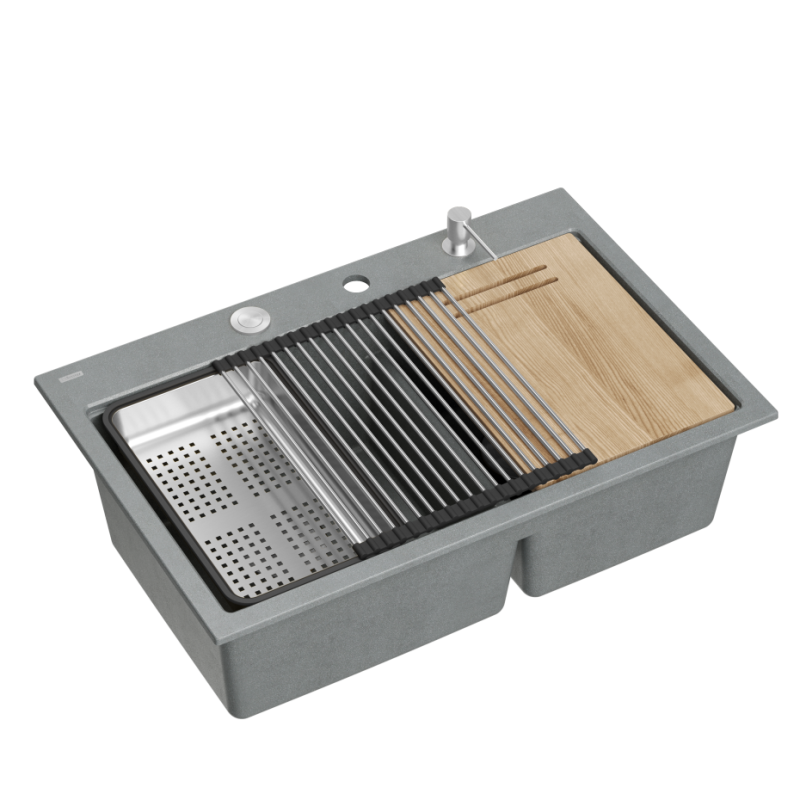 Zlewozmywak granitowy MARC 120 WORKSTATION – dwukomorowy, wpuszczany, silver stone/elementy stalowe + AKCESORIA, Quadron