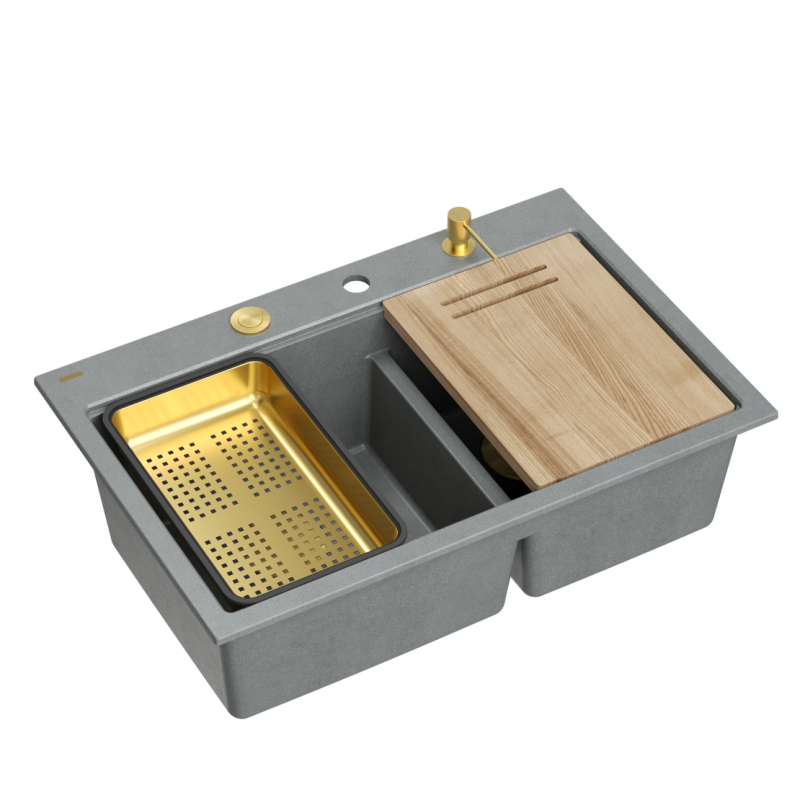 Zlewozmywak granitowy MARC 120 WORKSTATION – dwukomorowy, wpuszczany, silver stone/elementy złote + AKCESORIA, Quadron
