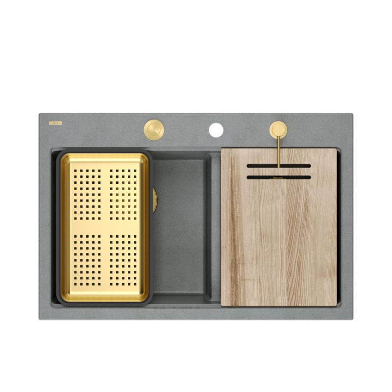 Zlewozmywak granitowy MARC 120 WORKSTATION – dwukomorowy, wpuszczany, silver stone/elementy złote + AKCESORIA, Quadron
