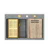 Zlewozmywak granitowy MARC 120 WORKSTATION – dwukomorowy, wpuszczany, silver stone/elementy złote + AKCESORIA, Quadron