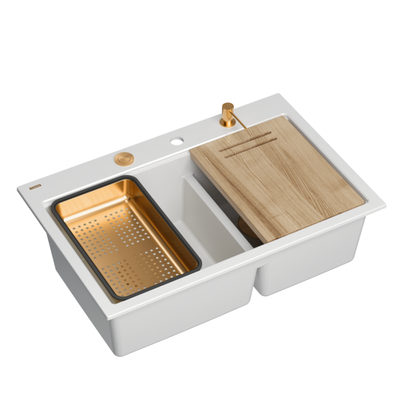 Zlewozmywak granitowy MARC 120 WORKSTATION – dwukomorowy, wpuszczany, snow white/elementy miedziane + AKCESORIA, Quadron