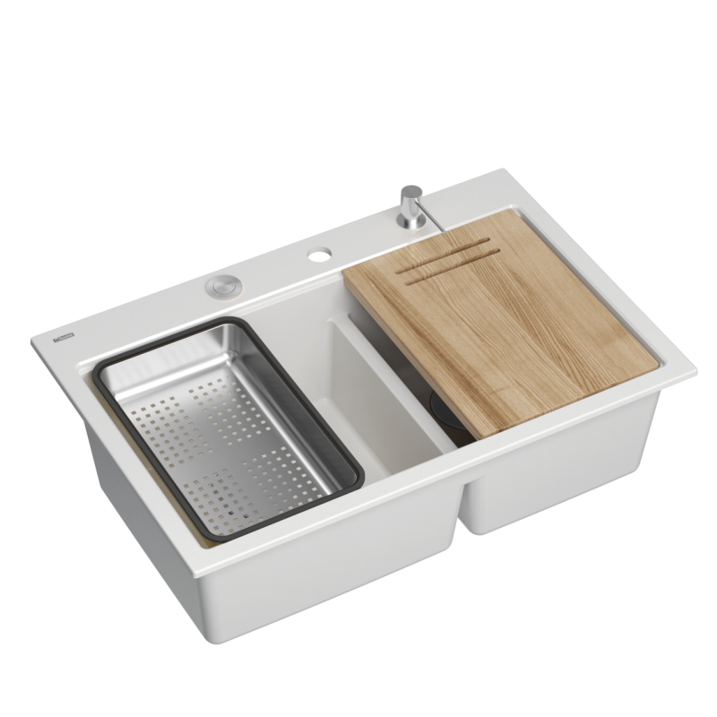 Zlewozmywak granitowy MARC 120 WORKSTATION – dwukomorowy, wpuszczany, snow white/elementy stalowe + AKCESORIA, Quadron