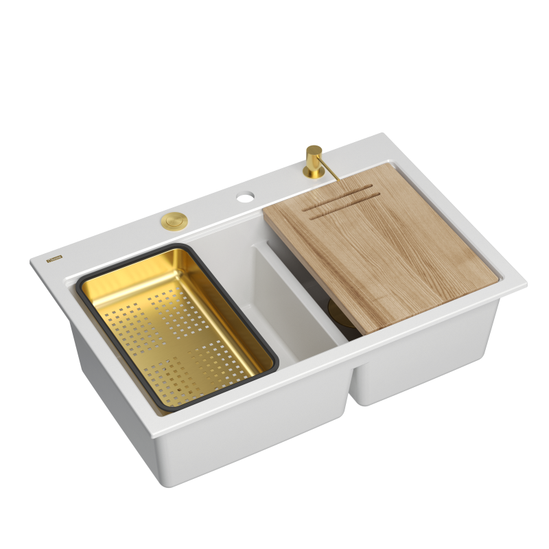 Zlewozmywak granitowy MARC 120 WORKSTATION – dwukomorowy, wpuszczany, snow white/elementy złote + AKCESORIA, Quadron