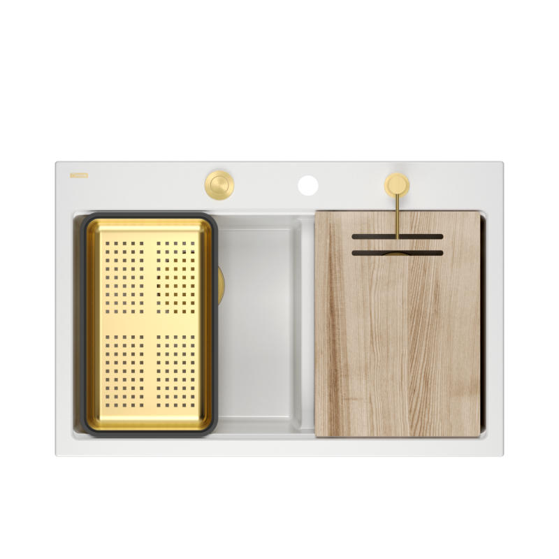 Zlewozmywak granitowy MARC 120 WORKSTATION – dwukomorowy, wpuszczany, snow white/elementy złote + AKCESORIA, Quadron