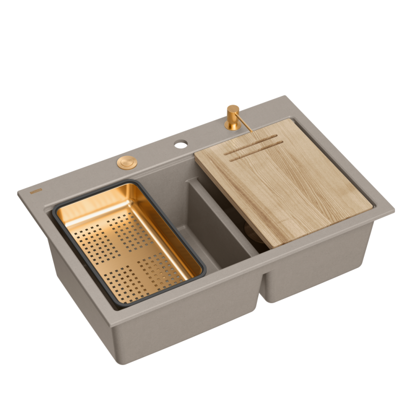 Zlewozmywak granitowy MARC 120 WORKSTATION – dwukomorowy, wpuszczany, soft taupe/elementy miedziane + AKCESORIA, Quadron