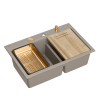 Zlewozmywak granitowy MARC 120 WORKSTATION – dwukomorowy, wpuszczany, soft taupe/elementy miedziane + AKCESORIA, Quadron